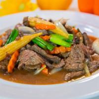 Beef With Oyster Sauce · Stir fried beef with oyster sauce mushrooms carrot onions and green peppers