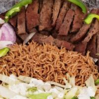 Lamb Gyro Platter · Served with Rice , Salad and Bread