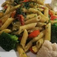 Penne Vegetali · Homemade short tube pasta sauteed with farm fresh vegetables, garlic and white wine (Vegetar...