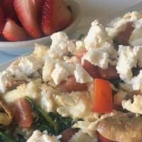 Egg White Scram. · Egg whites, tomatoes, mushrooms, onions, red peppers and fresh spinach, scrambled together w...