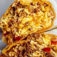 Break.Burrito W/Chorizo · Our delicate tortillas filled with shredded hash browns, onions, bacon, red pepper and fluff...