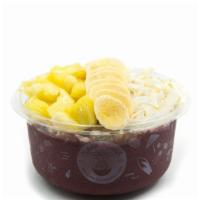 Tropical- Acai Bowl* · Pure blended acai topped with blueberry flax granola, banana, pineapple, coconut flakes, and...