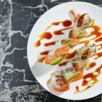 Las Vegas Roll · RAW FISH (Salmon) - Deep fried shrimp, cream cheese, smoked salmon, & crabmeat topped with s...