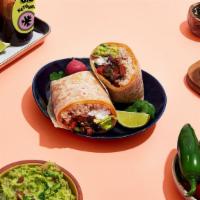 Veggie Loaded · Stewed mushrooms with rice, beans, cheese, pico de gallo, guacamole, and sour cream wrapped ...