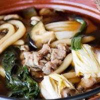 Sukiyaki Udon · Thinly slice ribeye, green onions, spinach, shiitake mushrooms, Napa cabbage, kamaboko (Japa...