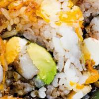 Teo Roll · Kanikama, cream cheese and avocado, rolled uramaki style, wrapped with tempura fried carrots...