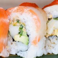 Tokyo Roll · Spicy escolar, cilantro and avocado in the inside, yellowtail and salmon on the outside. Dri...