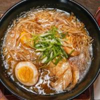 Soyou Ramen · Classic chicken and beef broth. Your choice of chicken or pork chashu, ajitama egg, bean spr...