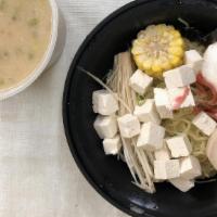 Veggie Ramen · Vegetable broth, tofu, enoki mushroom, bean sprouts, diced onion, corn, scallion and kombu.