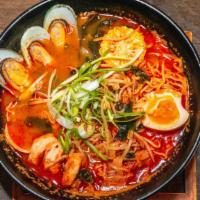Seafood Ramen · Spicy. Has fish and vegetable broth, shrimp, scallops, mussels, octopus, scallions, onions, ...