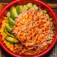 California Poke Bowl · Spicy krab (kani) salad, avocado, cucumber, edamame, corn, crispy onion, spicy mayo and teri...