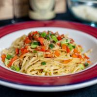 Pasta Pronto · Pasta sauteed in garlic and olive oil tossed with red pepper and scallions seafood.