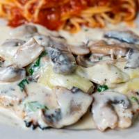 Chicken Jerusalem · Grilled chicken breast with sautéed mushrooms and artichokes in a white wine cream sauce