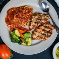 Chicken Grilla · Marinated grilled chicken breast served with fresh grilled vegetables and pasta