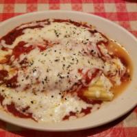 Manicotti · Pasta noodles filled with four cheeses and topped with mama sauce and mozzarella.