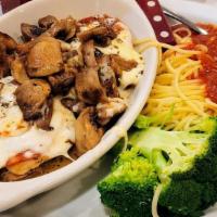 Chicken Fellini With Minestrone Soup · Chicken sautéed with butter and mushrooms and topped with cappicola and mozzarella and saute...