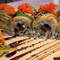 Green Dragon Roll · Eel and cucumber inside, topped with avocado and fish eggs.
