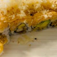 Crustation Roll · Lobster tempura, avocado inside, lobster salad and crunch on top with spicy mayo.