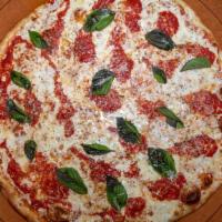Margherita Pizza · Fresh mozzarella and basil on a thin crust (eight slices).