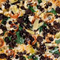 Veggie Pizza · Roma tomatoes, spinach, artichokes, black olives, onions, and mushrooms.