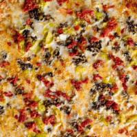 Greek Pizza · Sliced Pepperoncinis, Greek olive mix, sun-dried tomatoes and feta cheese