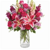 Bold & Beautiful - Premium · Bold and Beautiful, this stunning arrangement features pink roses, stargazer lilies, purple ...