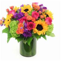 Bright As Day - Premium  · Featuring emerald green Hydrangea, California Sunflowers, pink South American Roses, purple ...