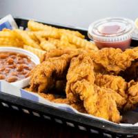 Homestyle Fried Chicken Strips · Five hand breaded tenders served with two sides.