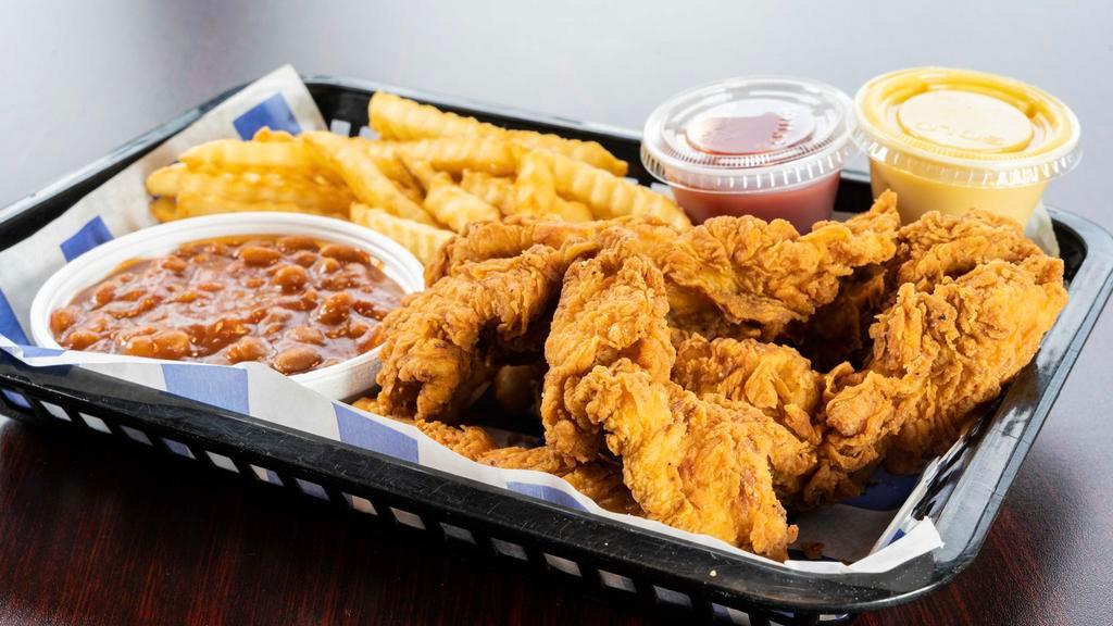 Homestyle Fried Chicken Strips · Five hand breaded tenders served with two sides.