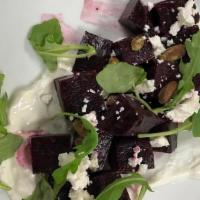 Beets Salad · Roasted beets, pistachio, frisee, mustard vinaigrette, goat cheese (vegetarian, gluten free)