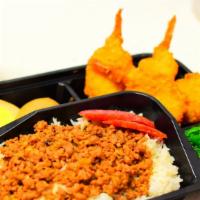 Fantail Shrimp Bento · Contain:  Fantail shrimp, rice, egg, pork and seaweed salad.