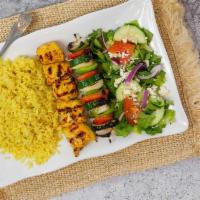 Chicken & Vegetable Kabob · One skewer of boneless chicken kabob and one skewer of grilled tomatoes, onion, zucchini, an...