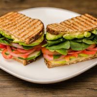 Healthy Vegan Sandwich (#6) · Vine ripened, crisp veggie party: cucumbers, red bell peppers, red onions, tomato, spinach, ...