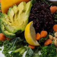 Warm Vegan Plate/Salad · Bed of greens and kale served with squash, black rice, carrots, avocado, broccoli, peanuts, ...
