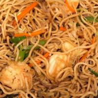 Shrimp Noodles  · Stir fry noodles with bell peepers shrimp cabbage  red onion finish with green onion