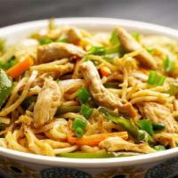 Chicken Noodles  · Stir fry noodles with bell peepers chicken  cabbage  red onion and egg finish with green onion