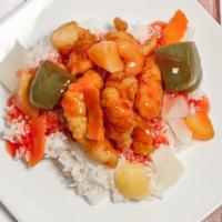 #45. Sweet And Sour Chicken · With breaded, deep fried chicken breast in sweet and sour sauce with steamed pineapple, gree...
