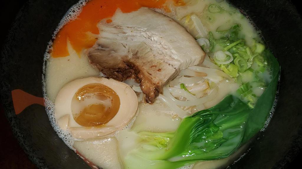 Tonkotsu Classic Ramen · Pork and miso based soup with wavy noodle, chashu, green onions, nori, corns, bamboo shoot, Mushrooms, soft boiled egg.