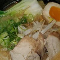 Chicken Shoyu Ramen · Home made chicken and soy sauce based soup with wavy noodle, chicken chashu, green onions, s...