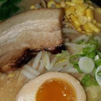 Tonkotsu Miso Ramen · Pork and miso based soup with wavy noodle, chashu, green onions, nori, corns, bamboo shoot, ...