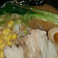 Chicken Miso Ramen · Rich chicken and miso broth with wavy noodle, chicken chashu, green onions, nori, corns, sof...