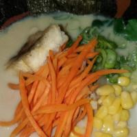 Veggie Ramen · Soy milk based soup with wavy noodle, fried tofu, green onions, nori,  bamboo , Mushrooms ,s...