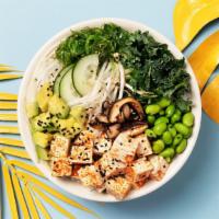 Veggie Bowl · Your choice of protein with mango, corn, edamame, shredded carrots, kani salad, macadamia nu...