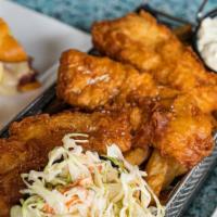 Fish N Chips · Beer Battered North Atlantic Cod, House Cut Fries, Coleslaw, and Tarragon-Caper Tartar Sauce