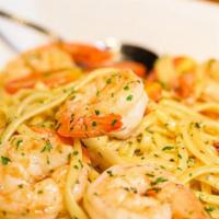Shrimp Scampi · Sautéed shrimp, garlic, white wine, fresh herbs cherry tomatoes, your choice of pasta or ric...