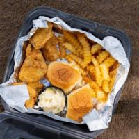 Catfish Nuggets · Breaded catfish. served with fries and slaw.