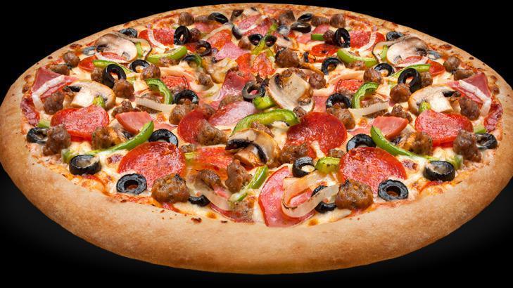 House Pizza · Onions, black olives, green peppers, mushrooms, banana peppers, pepperoni, sausage, beef, extra cheese, and tomato sauce.