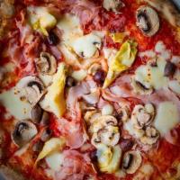 Capricciosa Pizza · San marzano tomato, fior di latte, artichokes, olives, prosciutto cotto (ham) and mushrooms....