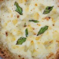 Quattro Formaggi Pizza · Pizza in bianco, fior di latte, grana padano, emmental, gorgonzola and basil. Vegetarian. Nu...