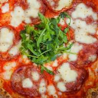 Diavola Pizza · San marzano tomato, fior di latte, hot salami and arugula. Nut free.